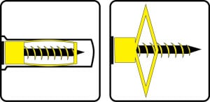 As pictured on the left - The wings compress when inserted into a solid base material As pictured on the right - The wings spring out when inserted into a hollow base material